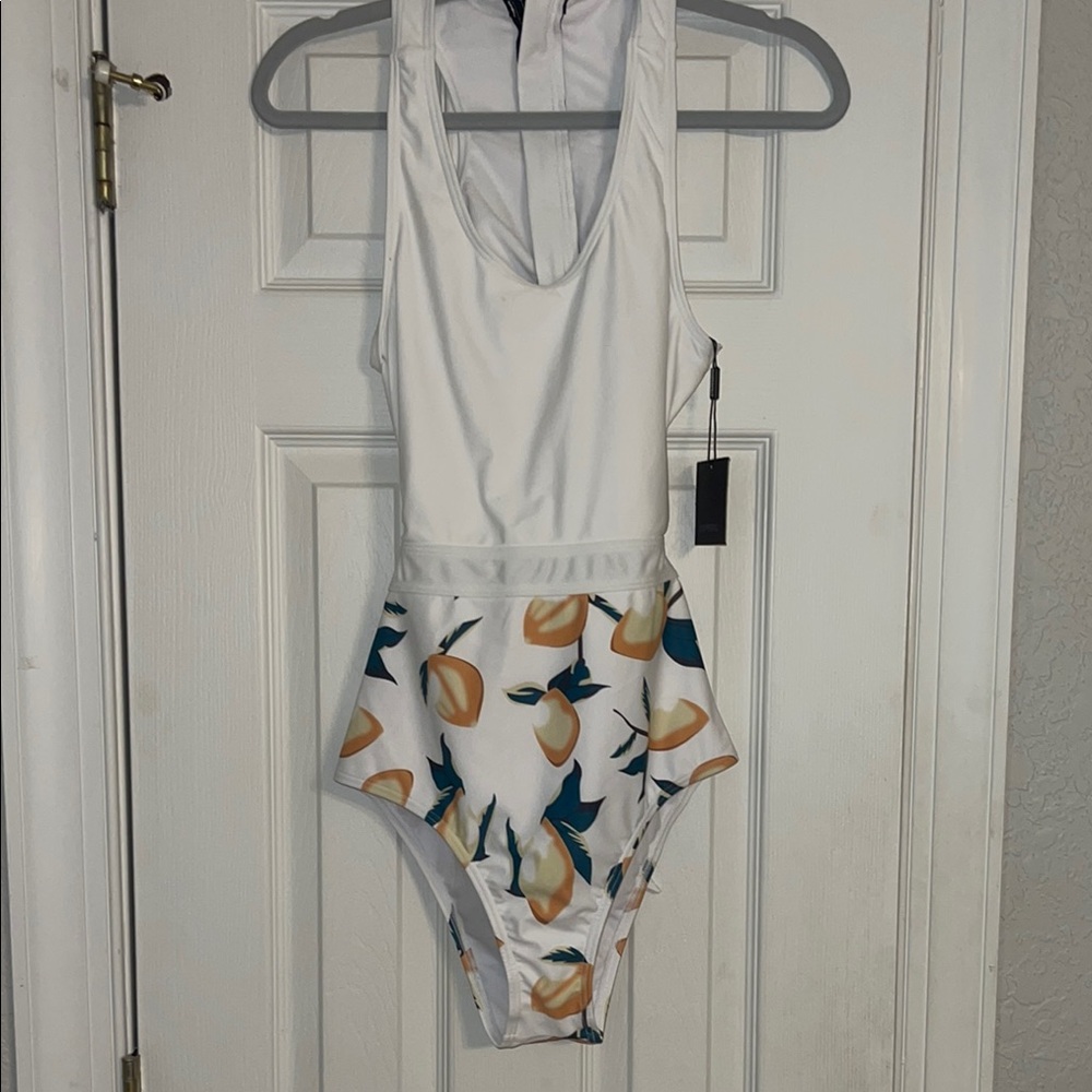 White and Orange One Piece Swimsuit with Floral Design